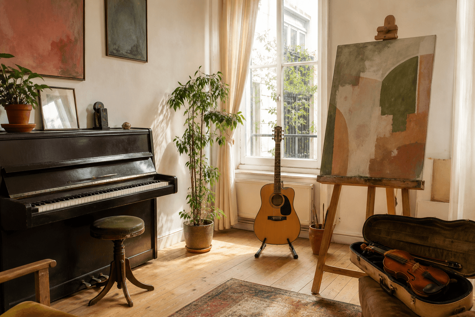 Osmanbey Sanat Atölyesi'nde piyano ve resim alanı